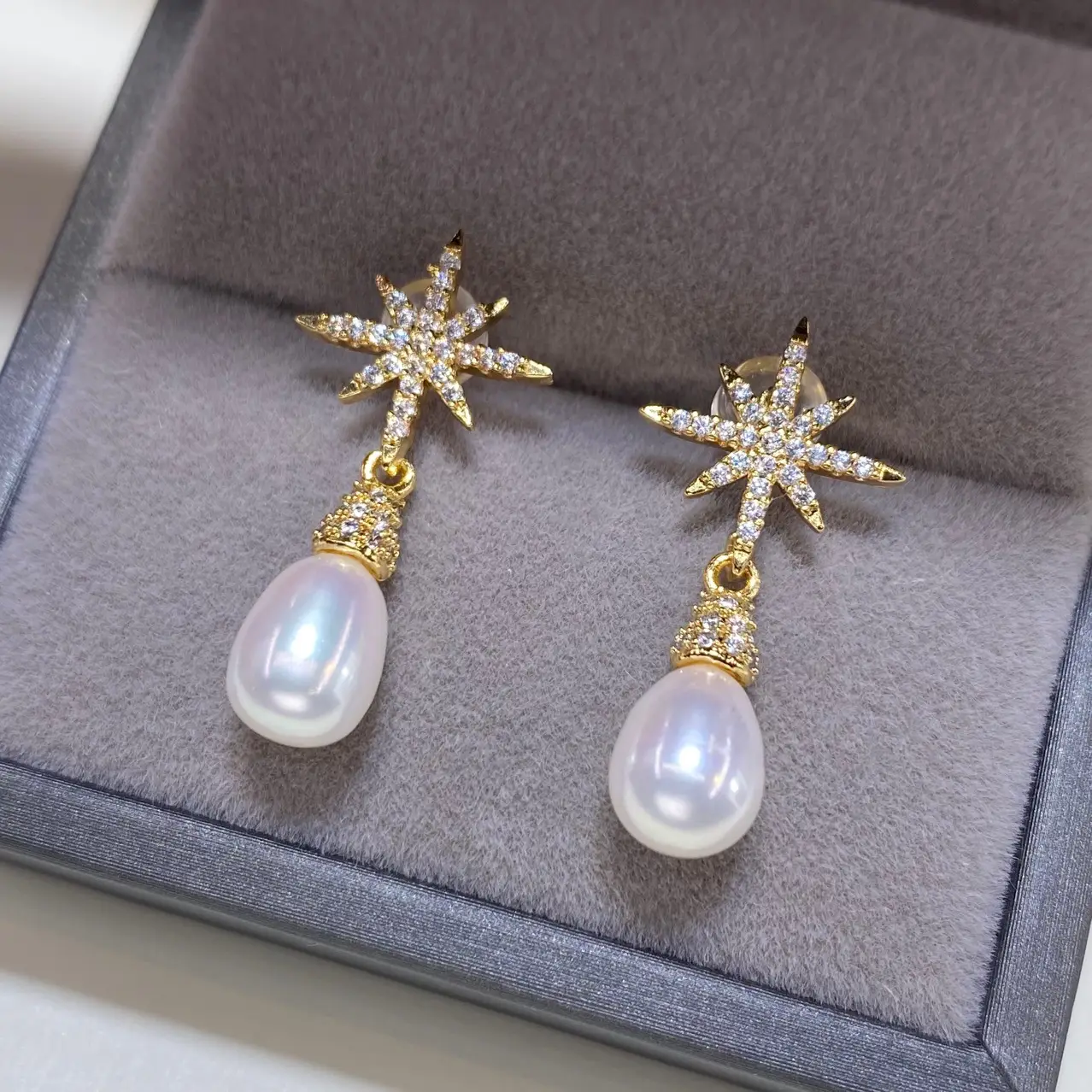 18K Gold Pearl Star Earrings for Women