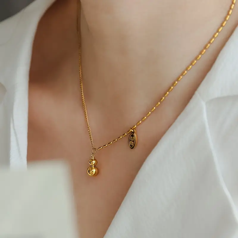 Titanium Lucky Gourd Necklace Gold Chain - Image 6