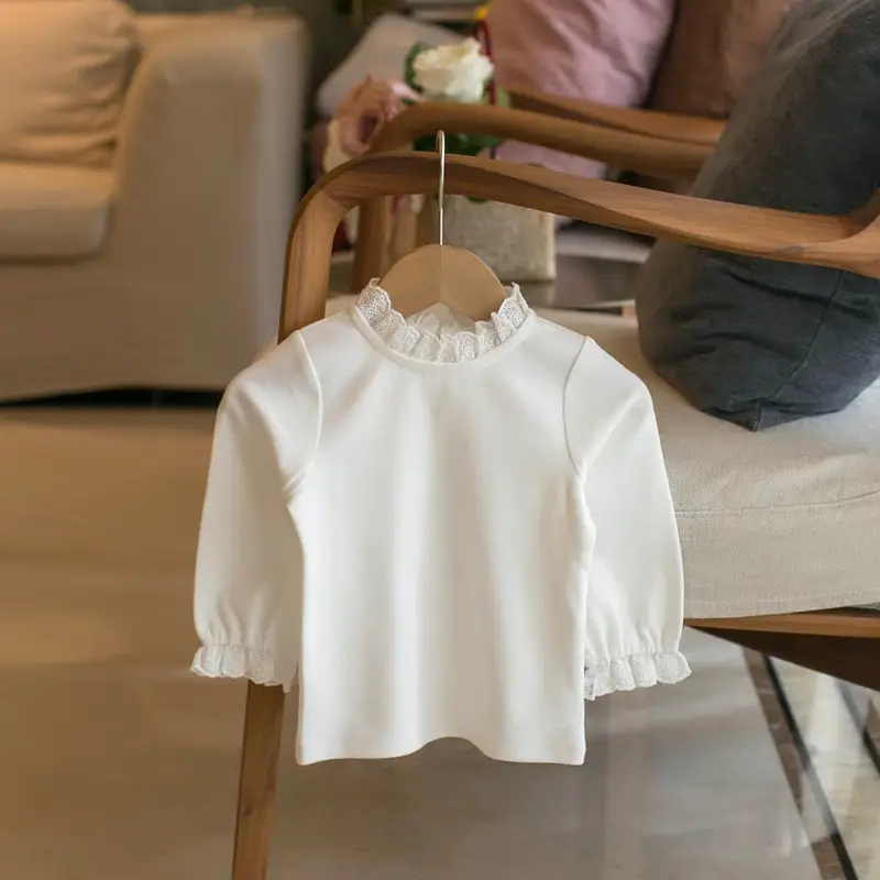 White Lace Pullover Long Sleeve T-Shirt Mid-Collar - Image 2