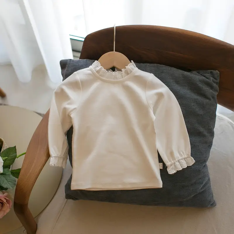 White Lace Pullover Long Sleeve T-Shirt Mid-Collar - Image 4