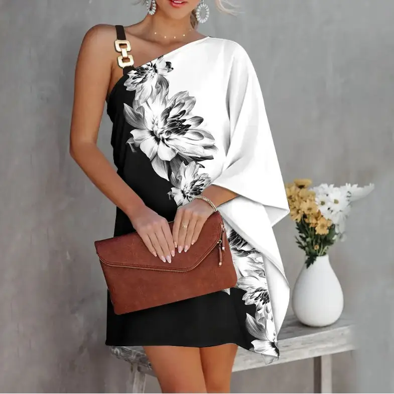 Off-Shoulder Printed Women's Suspenders Dress Blue Green - Image 6