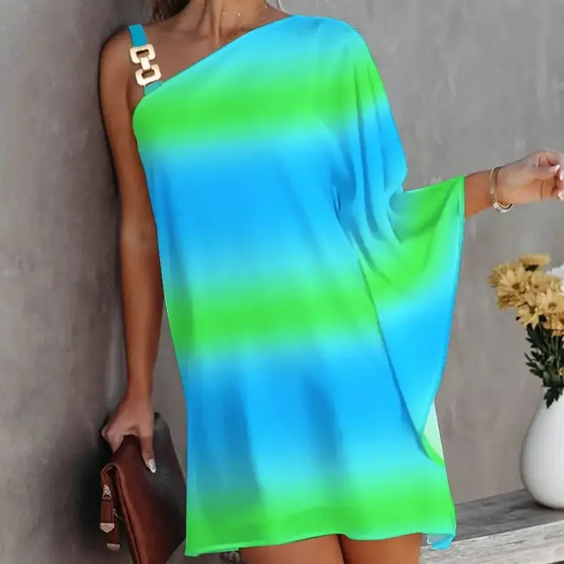 Off-Shoulder Printed Women's Suspenders Dress Blue Green - Image 7