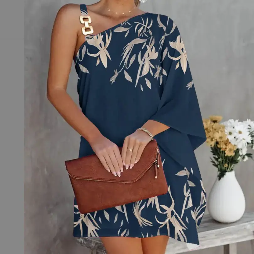 Off-Shoulder Printed Women's Suspenders Dress Blue Green - Image 4