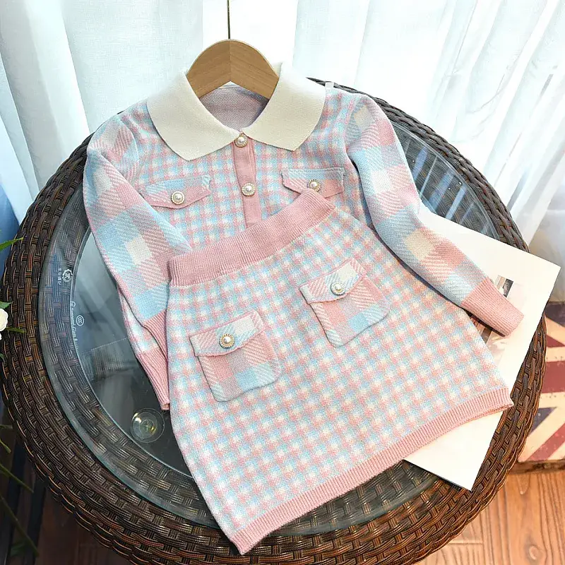 2024 Autumn Girls' Houndstooth Suit Children's Elegant Knitwear Baby Cardigan Fashionable Baby Face Two-Piece Set