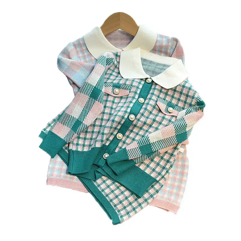 2024 Autumn Girls' Houndstooth Suit Children's Elegant Knitwear Baby Cardigan Fashionable Baby Face Two-Piece Set
