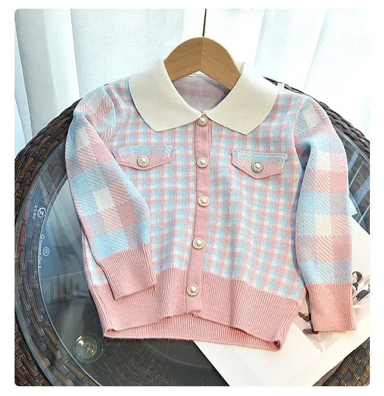 2024 Autumn Girls' Houndstooth Suit Children's Elegant Knitwear Baby Cardigan Fashionable Baby Face Two-Piece Set — feature 7