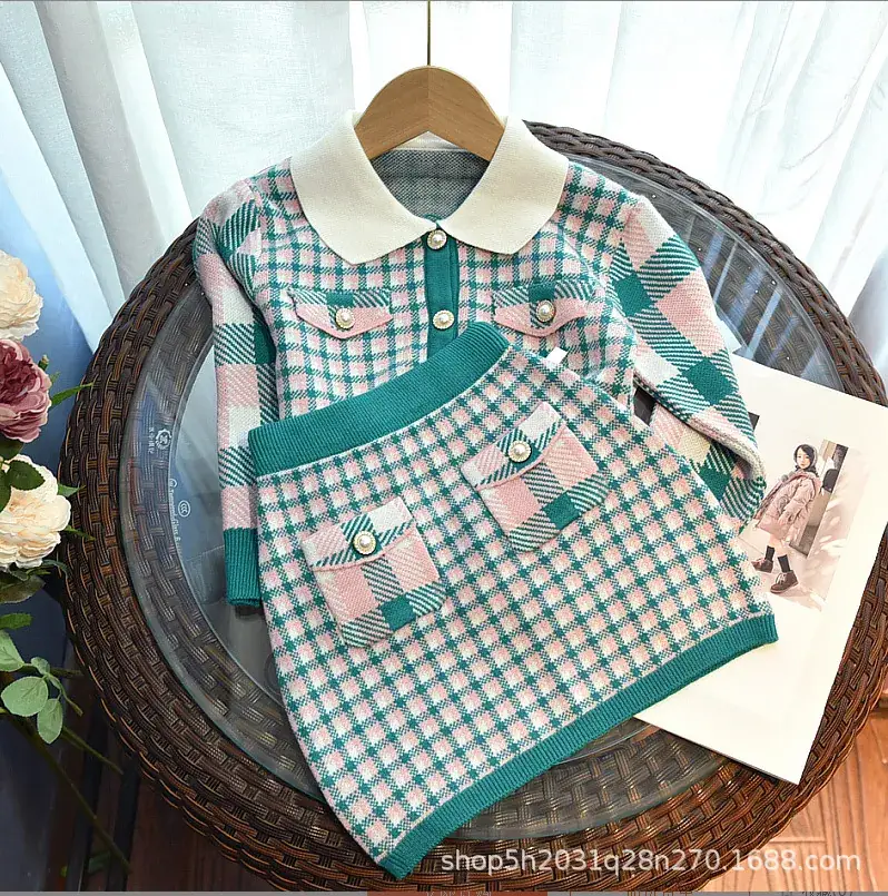 2024 Autumn Girls' Houndstooth Suit Children's Elegant Knitwear Baby Cardigan Fashionable Baby Face Two-Piece Set