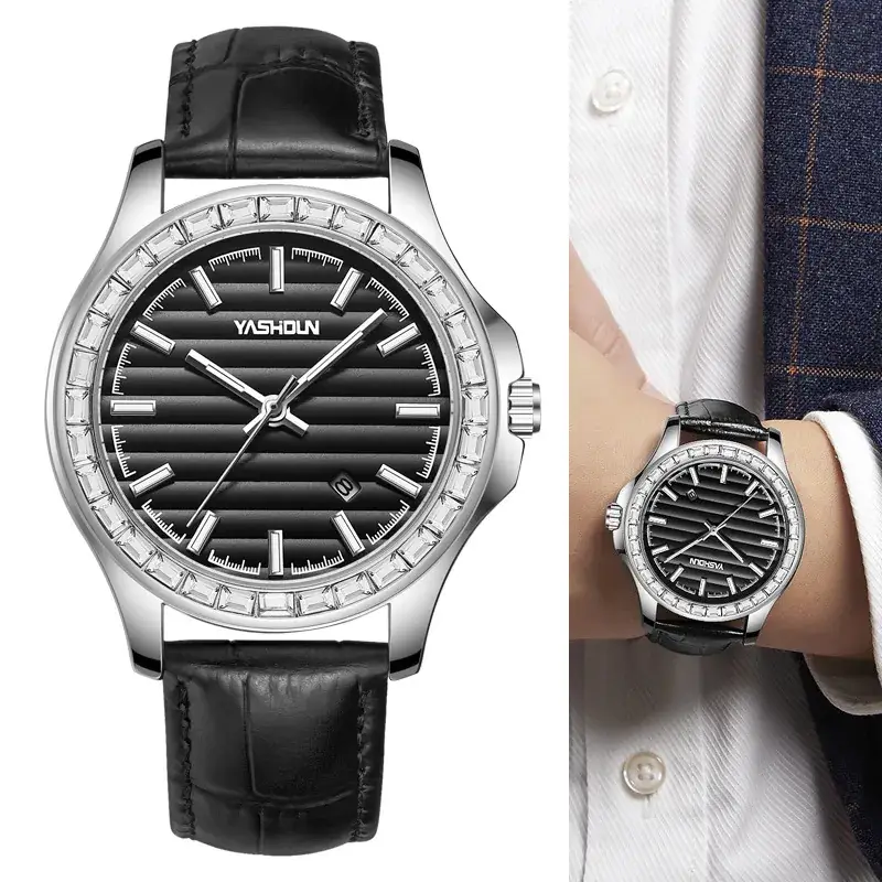 Women's Black Leather Band Quartz Watch with Diamond Crystal Ring - Image 5