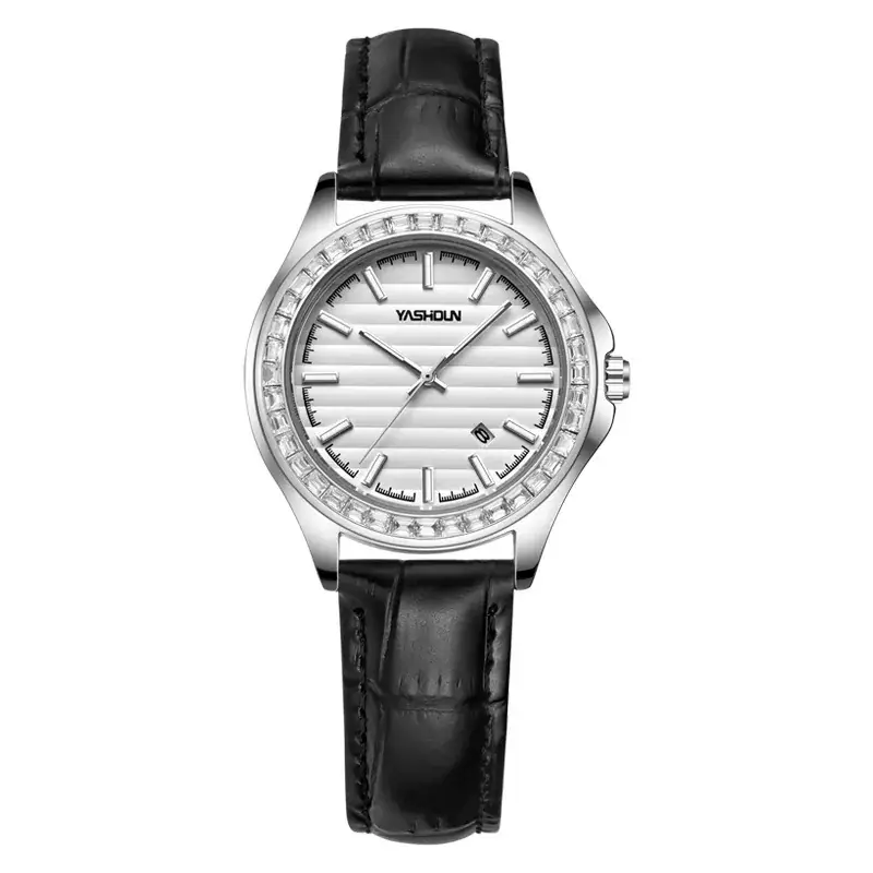 Women's Black Leather Band Quartz Watch with Diamond Crystal Ring - Image 4