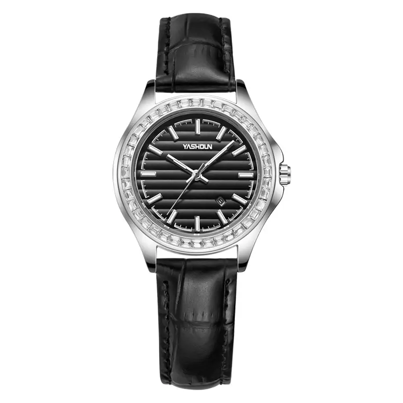 Women's Black Leather Band Quartz Watch with Diamond Crystal Ring - Image 2