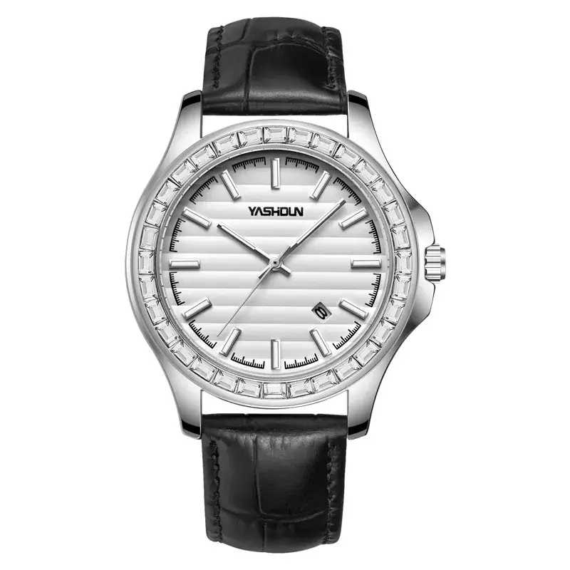 Women's Black Leather Band Quartz Watch with Diamond Crystal Ring - Image 3