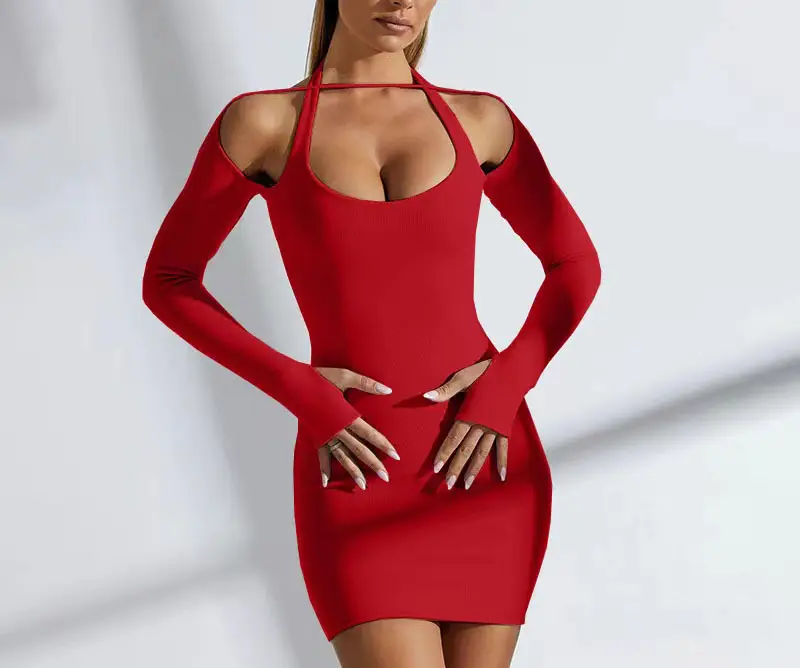 Red Long Sleeve Hip Dress for Women 2022 - Image 4