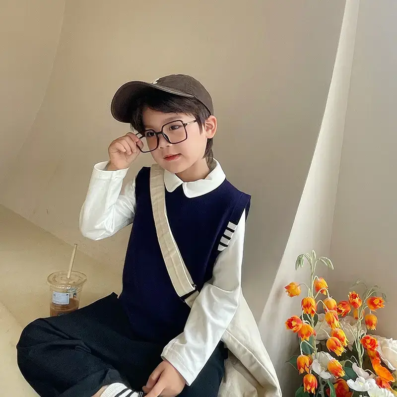 Kids Knitted Vest Blue White All-Match British Style - Image 4