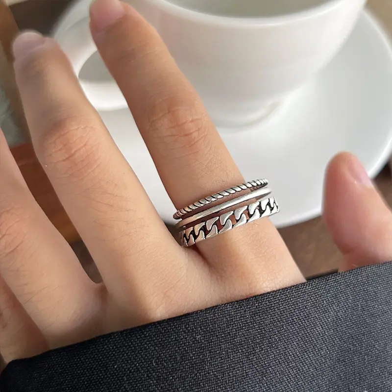 Lanzhi 925 Silver Ring Retro Hip Hop Men's Open Sterling Silver Ring — feature 17
