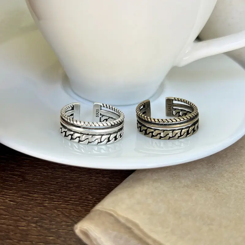 Lanzhi 925 Silver Ring Retro Hip Hop Men's Open Sterling Silver Ring — feature 9