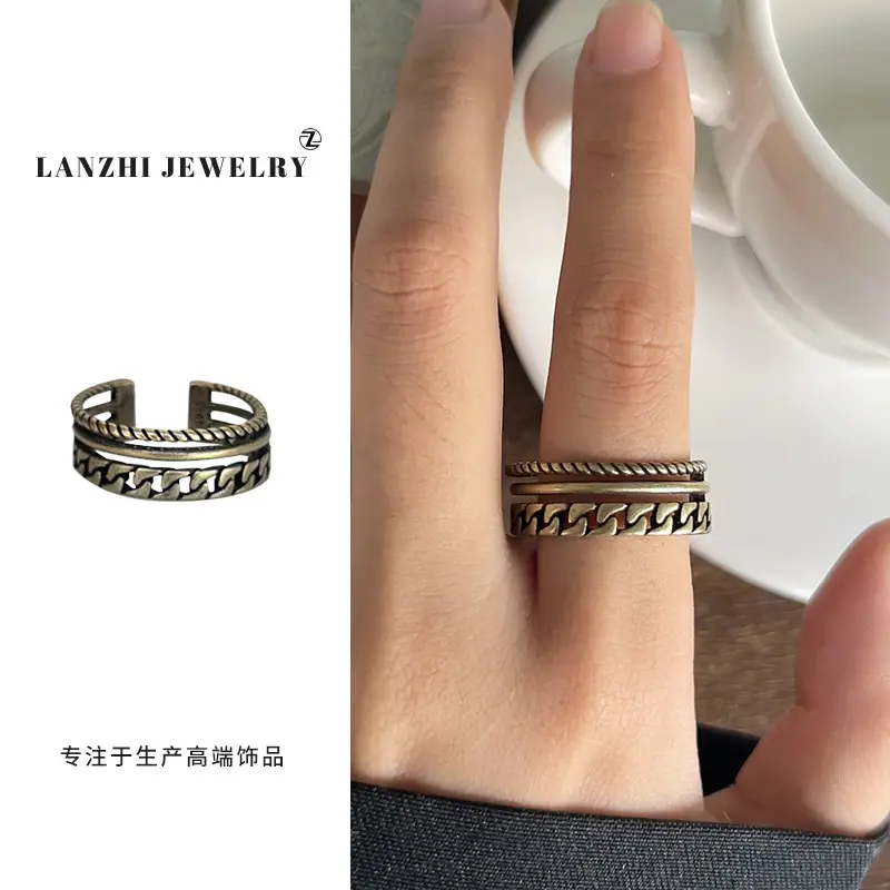 Lanzhi 925 Silver Ring Retro Hip Hop Men's Open Sterling Silver Ring - Image 2