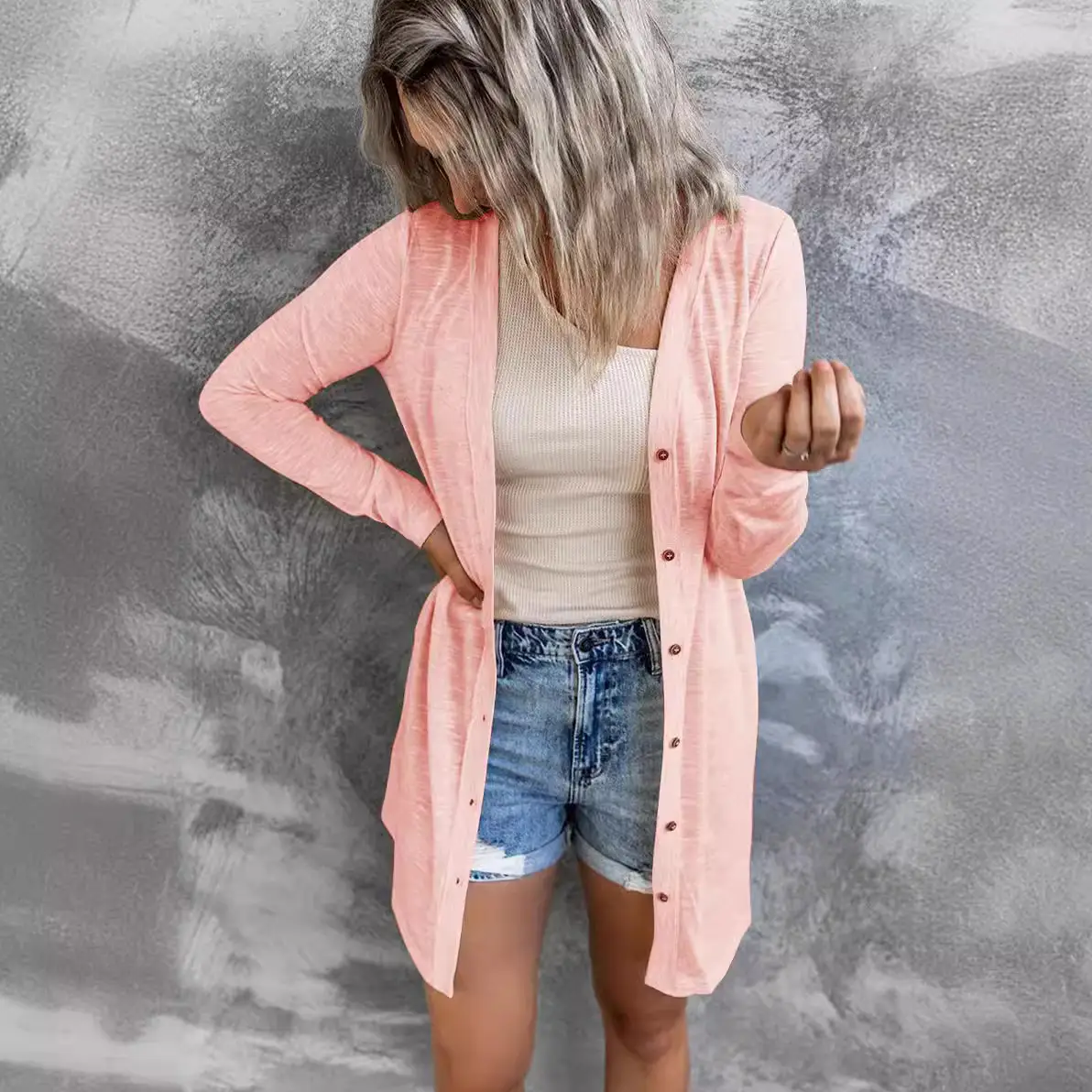 Women Long Button Cardigan Pink Solid Color - Image 11