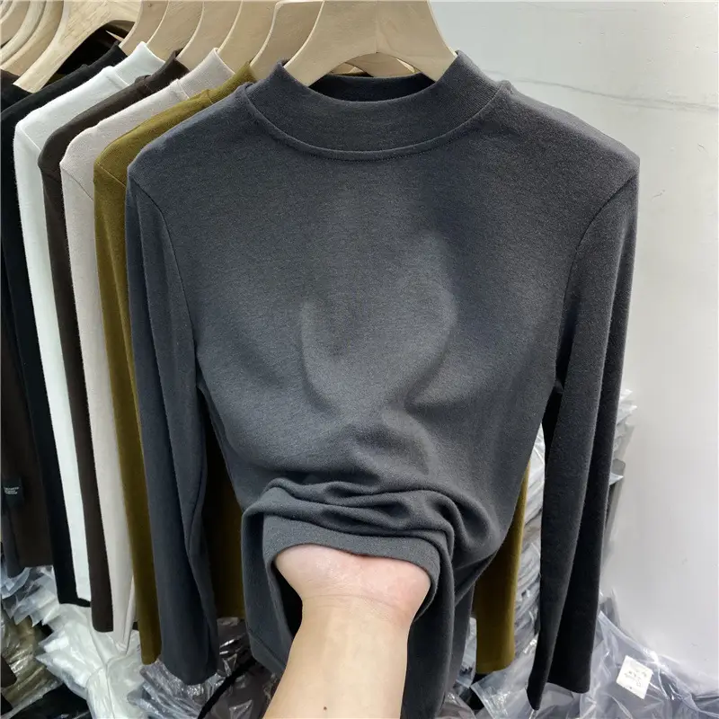 Women's Long Sleeve Fleece T-Shirt Grey 2025 Winter - Image 3