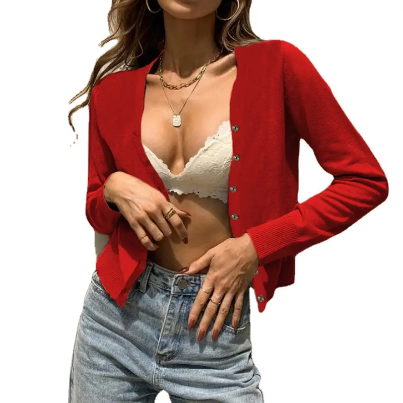 Brown Button Knitted Cardigan Sweater for Women - Image 17