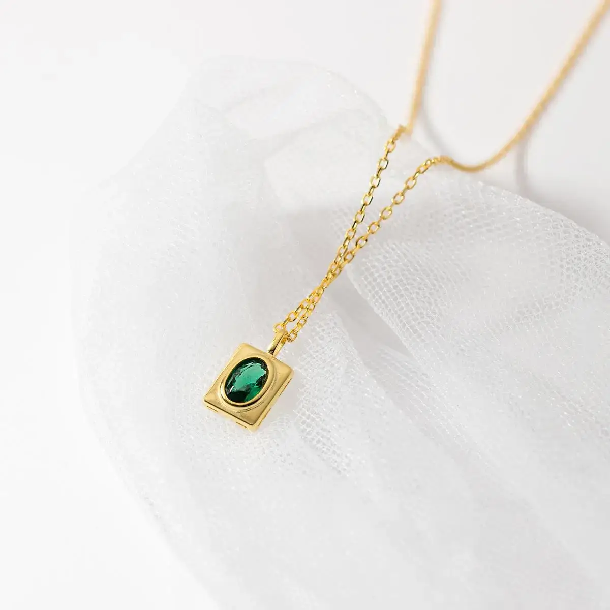 Gold Geometric Green Diamond Necklace for Men Women - Image 2