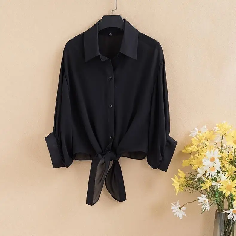 Black Chiffon Tie-Back Shirt Women Small - Image 7