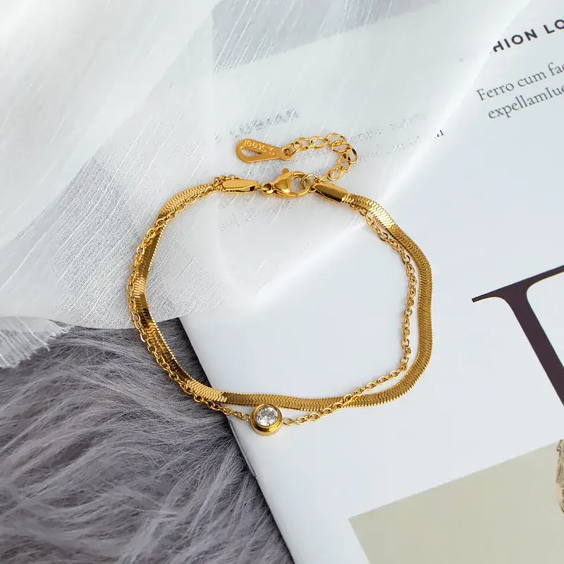 Gold Titanium Double Layer Bracelet with Diamond - Image 2