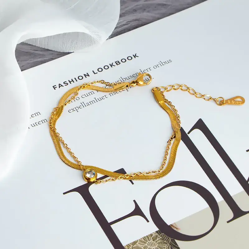 Gold Titanium Double Layer Bracelet with Diamond - Image 4