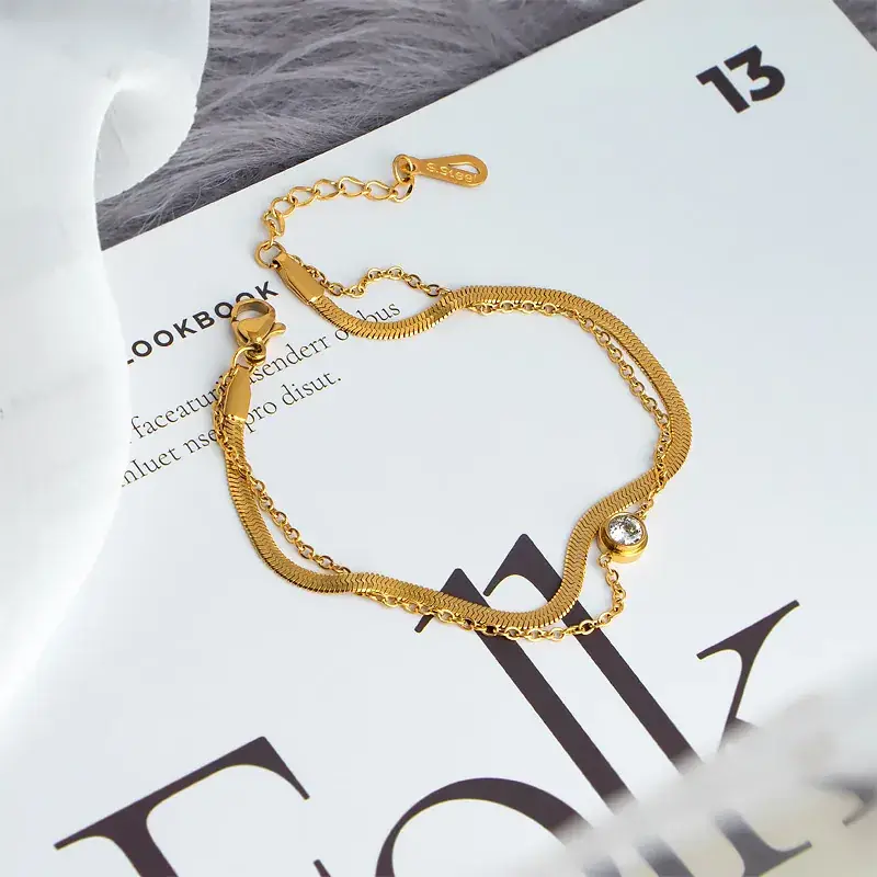 Gold Titanium Double Layer Bracelet with Diamond - Image 5