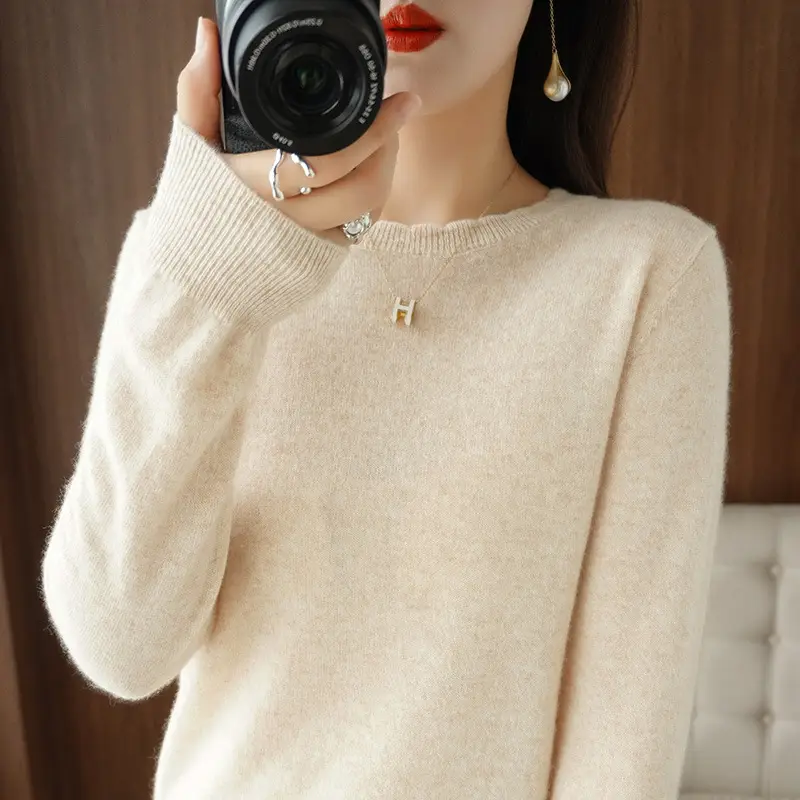 Women's Beige Knit Long Sleeve Pullover Sweater - Image 10