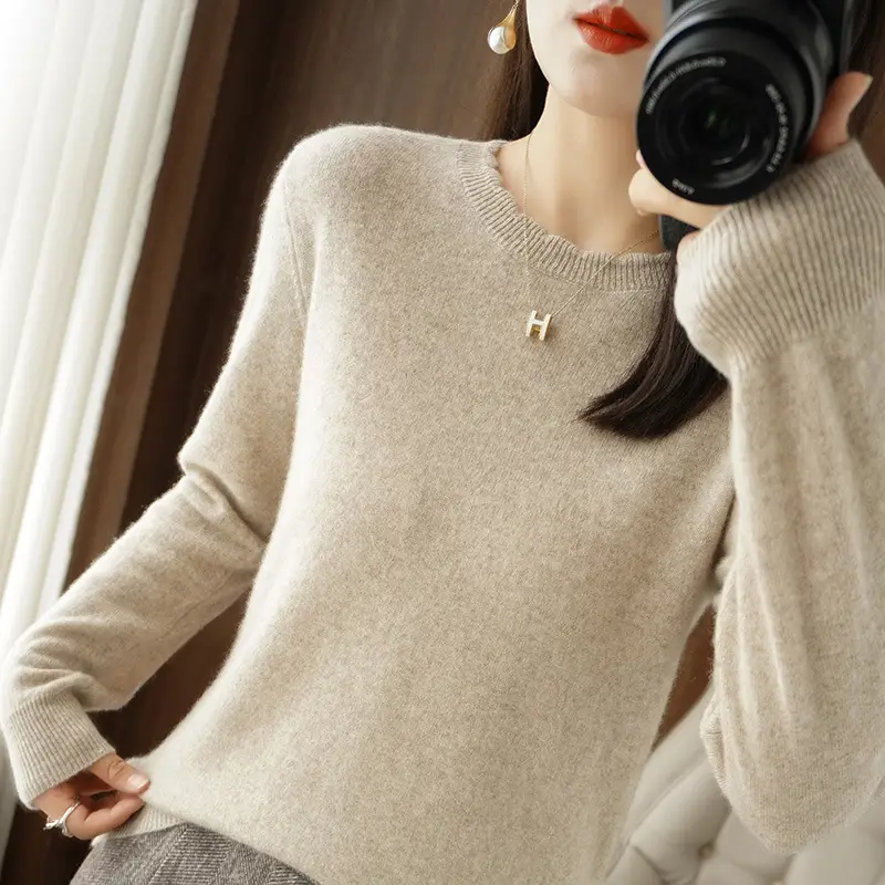 Women's Beige Knit Long Sleeve Pullover Sweater - Image 12