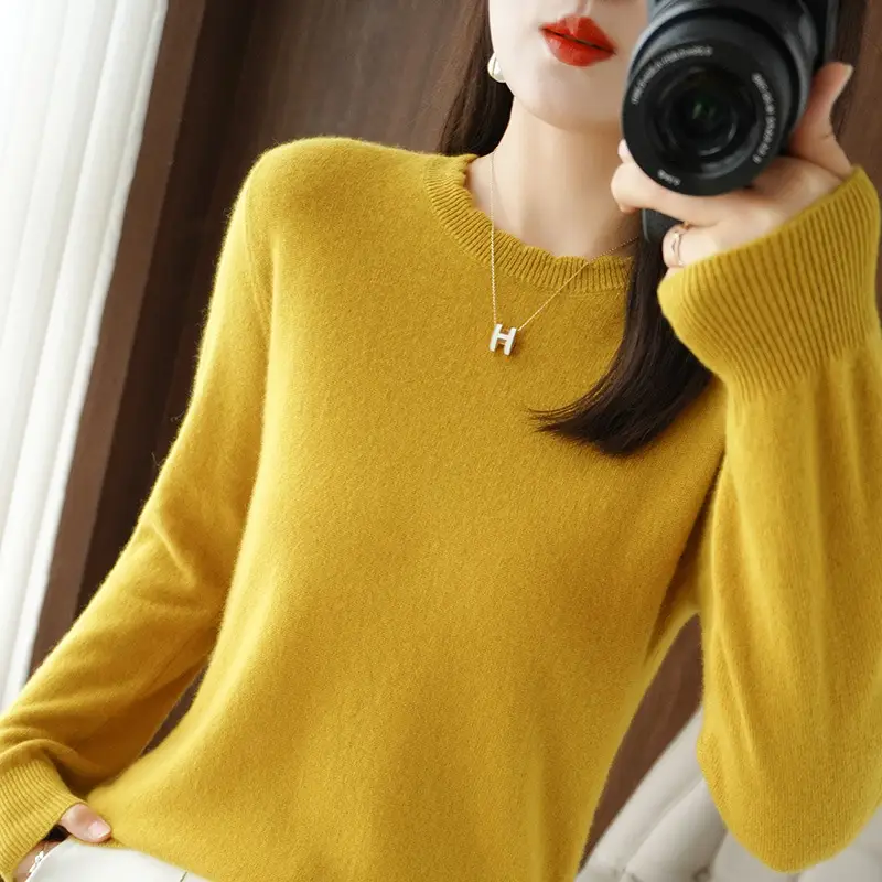 Women's Beige Knit Long Sleeve Pullover Sweater - Image 3