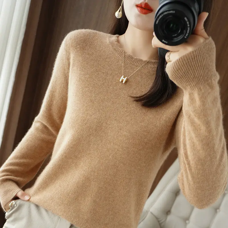 Women's Beige Knit Long Sleeve Pullover Sweater - Image 4