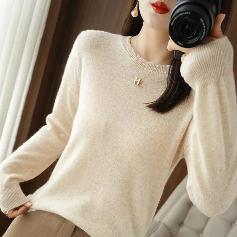 Women's Beige Knit Long Sleeve Pullover Sweater - Image 6