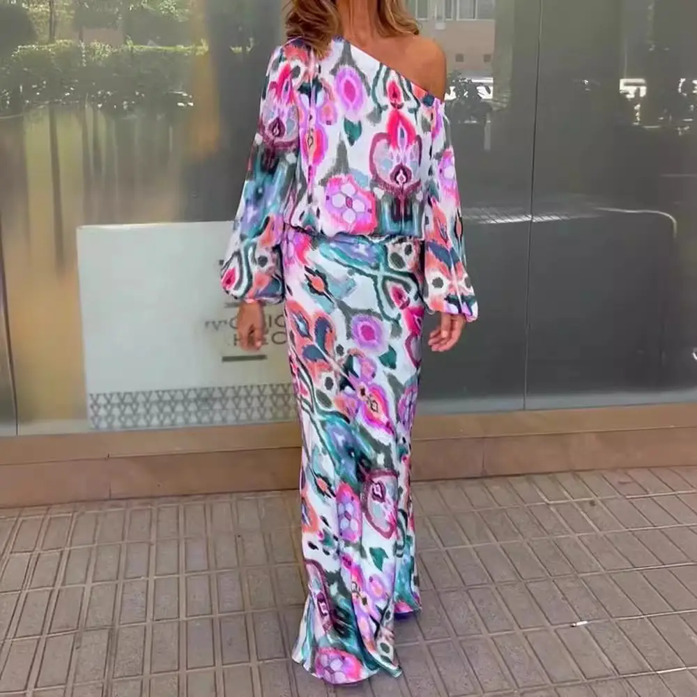 2022 Printed Long Sleeve Fishtail Dress Set Women