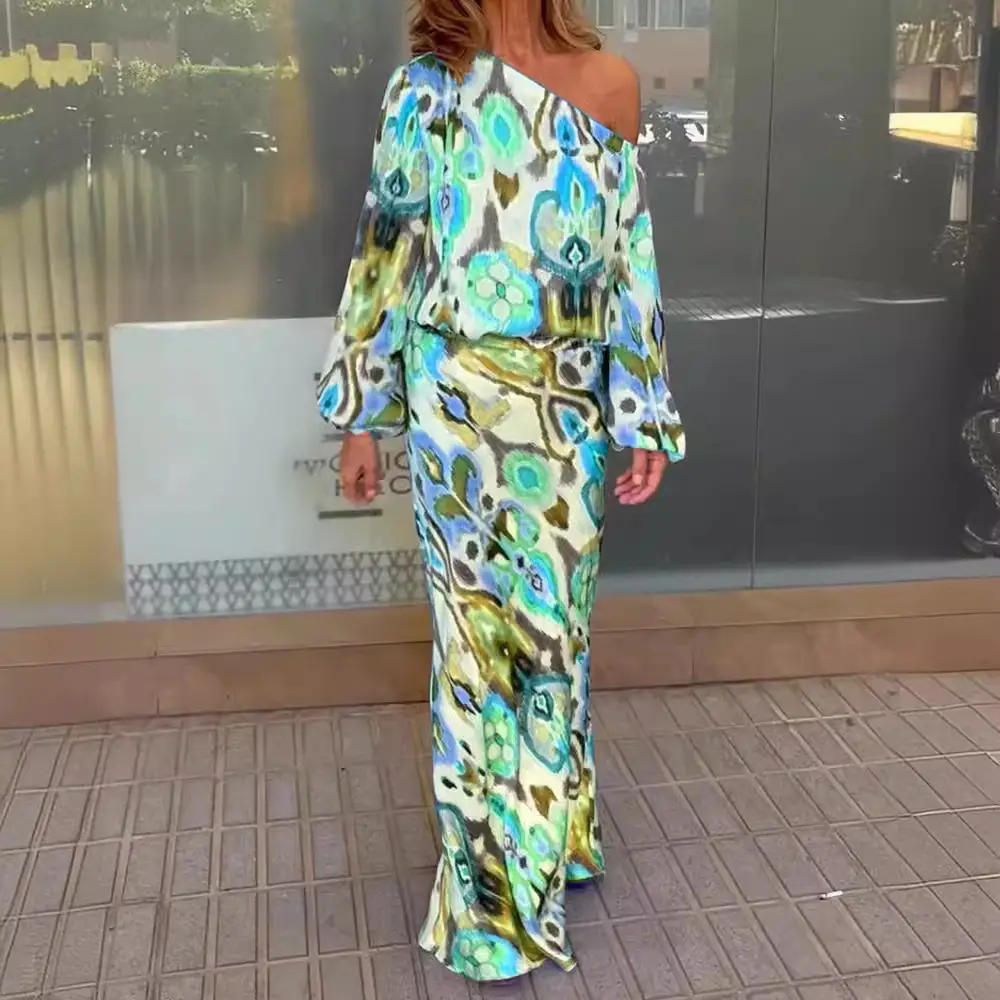 2022 Printed Long Sleeve Fishtail Dress Set Women