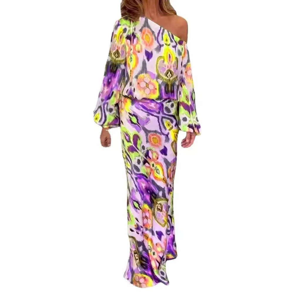 2022 Printed Long Sleeve Fishtail Dress Set Women