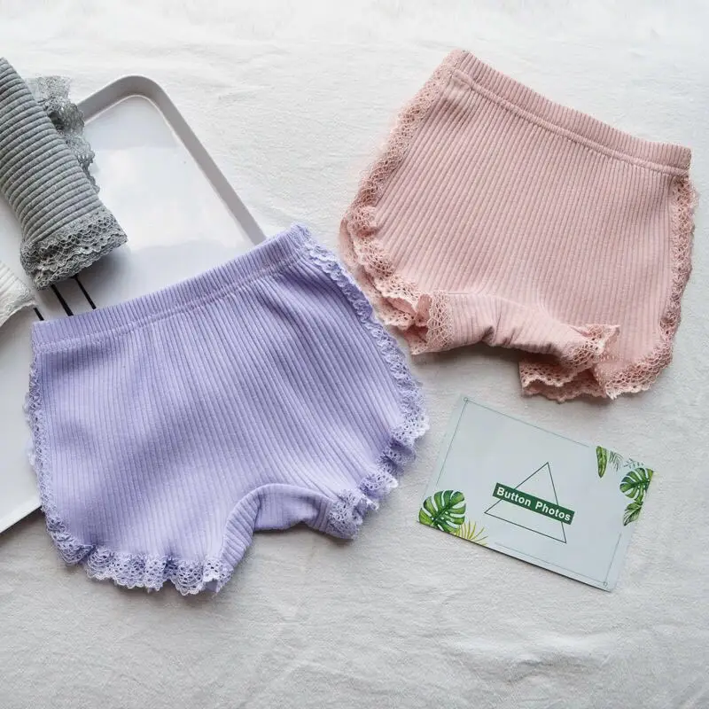Girls Cotton Safety Shorts Purple Lace Trim