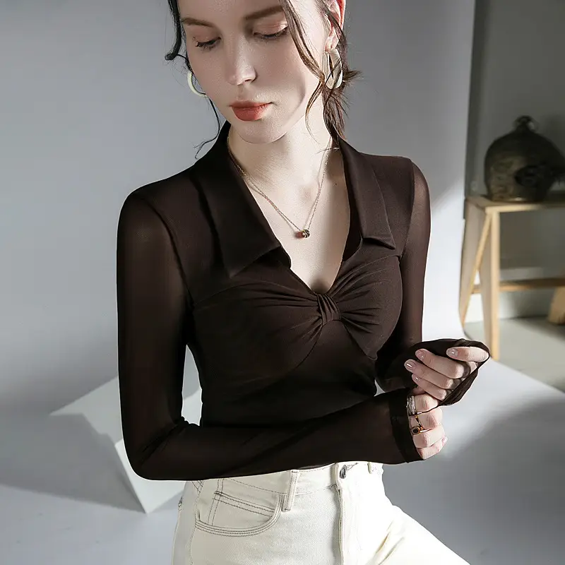 Black Mesh Long Sleeve Top for Women Autumn Winter