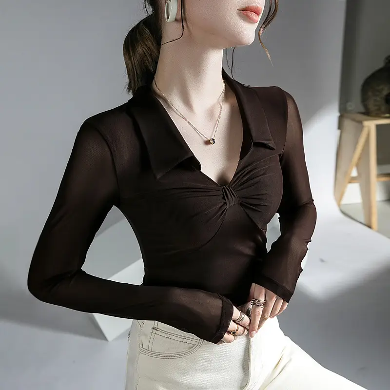 Black Mesh Long Sleeve Top for Women Autumn Winter