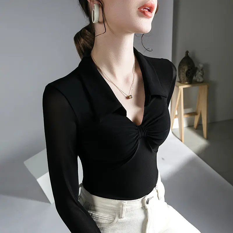 Black Mesh Long Sleeve Top for Women Autumn Winter