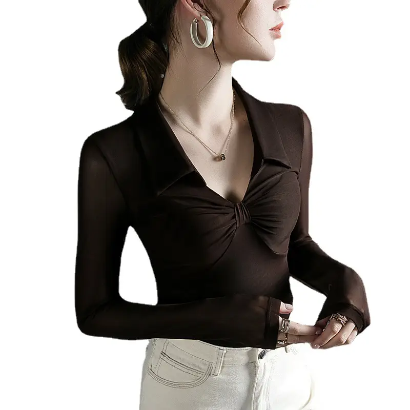 Black Mesh Long Sleeve Top for Women Autumn Winter