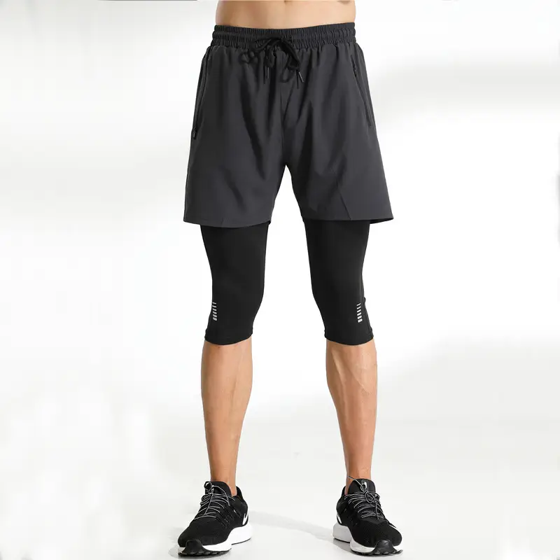Men's Black Cropped Fake Two-Piece Fitness Shorts - Image 6