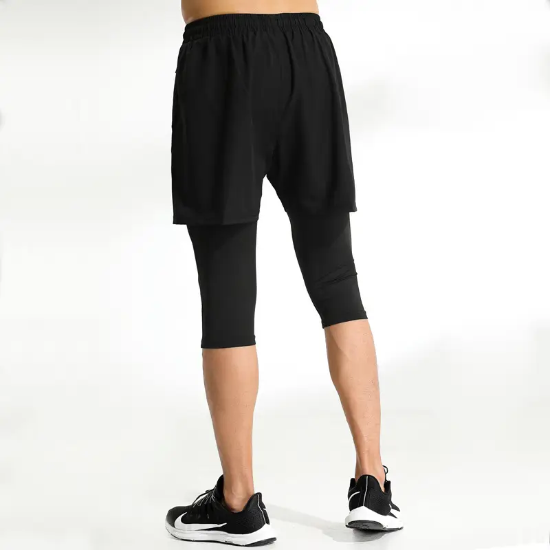 Men's Black Cropped Fake Two-Piece Fitness Shorts - Image 7