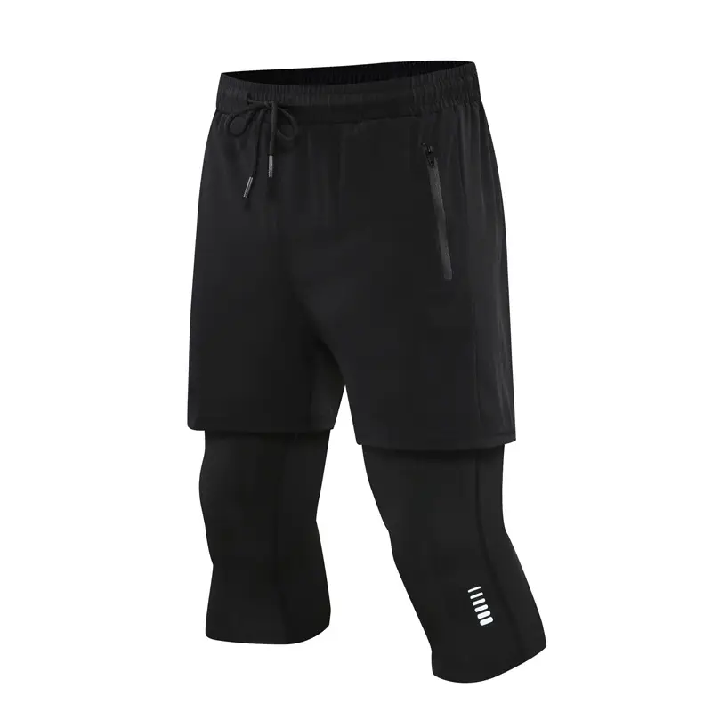 Men's Black Cropped Fake Two-Piece Fitness Shorts - Image 2