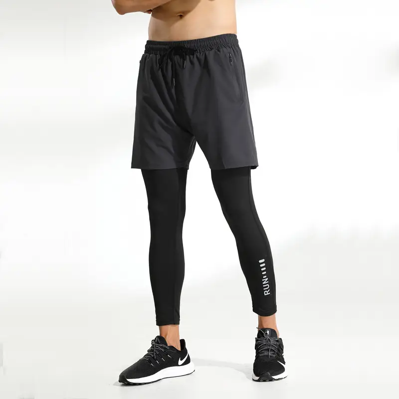Men's Black Cropped Fake Two-Piece Fitness Shorts - Image 3