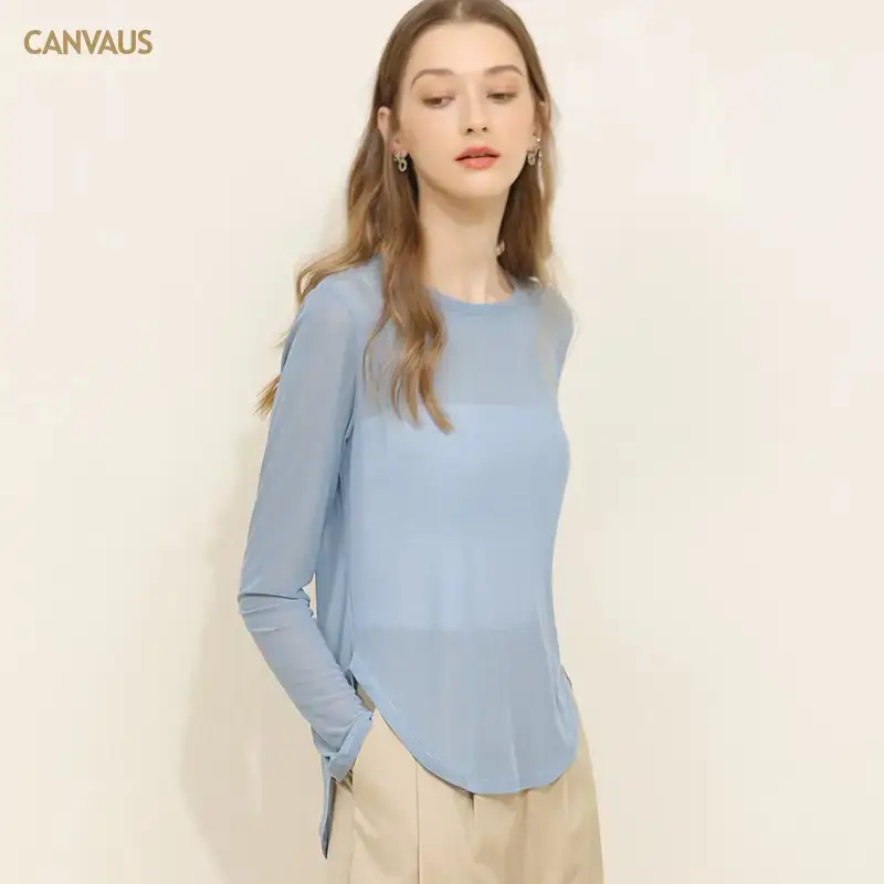 Women's Long Sleeve Mesh Top Light Blue Hollow Outerwear - Image 3