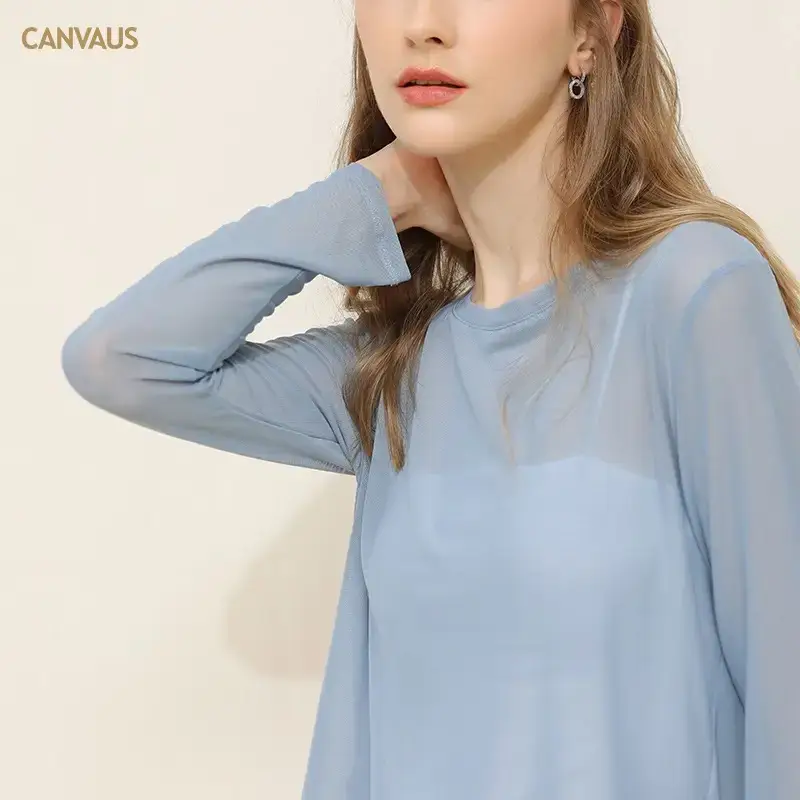 Women's Long Sleeve Mesh Top Light Blue Hollow Outerwear - Image 4