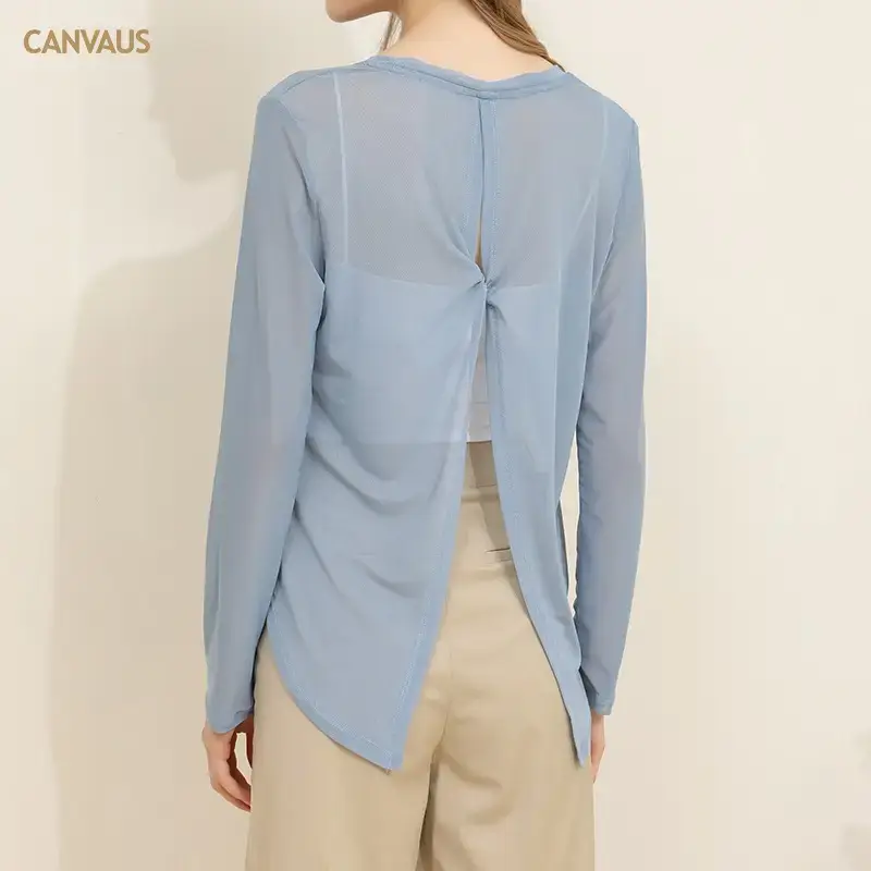 Women's Long Sleeve Mesh Top Light Blue Hollow Outerwear - Image 5