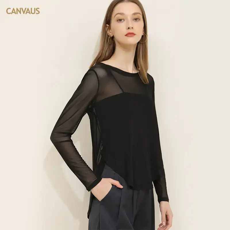 Women's Long Sleeve Mesh Top Light Blue Hollow Outerwear - Image 6