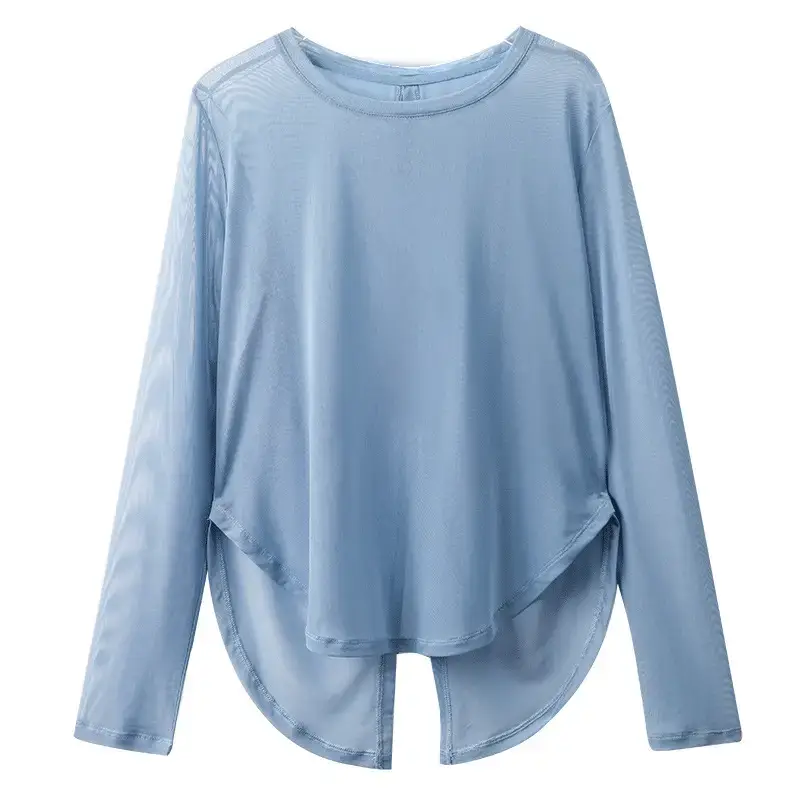 Women's Long Sleeve Mesh Top Light Blue Hollow Outerwear - Image 7
